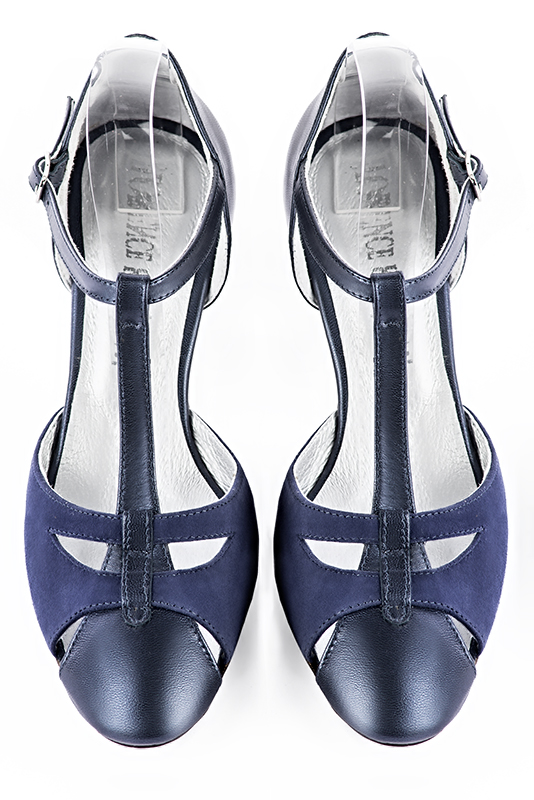 Prussian blue women's T-strap open side shoes. Round toe. Medium slim heel - Florence KOOIJMAN